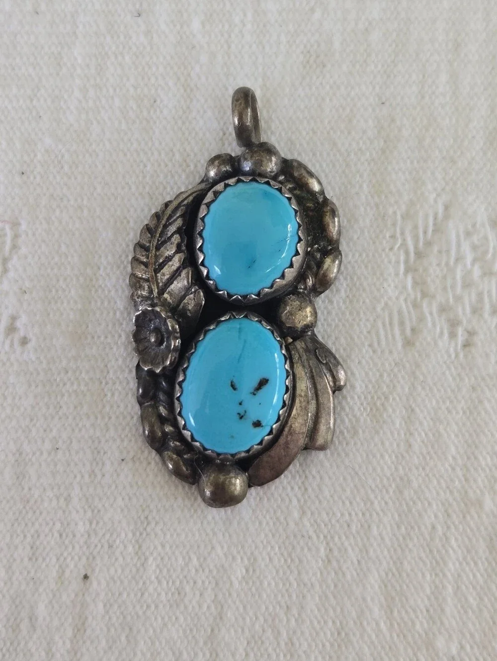 Vintage Sterling Silver Turquoise Double Stone Pendant - Bright Blue
